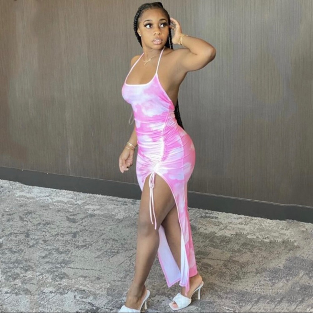 Women Tie Dye Side-Slit U-neck Drawstring Maxi Dress